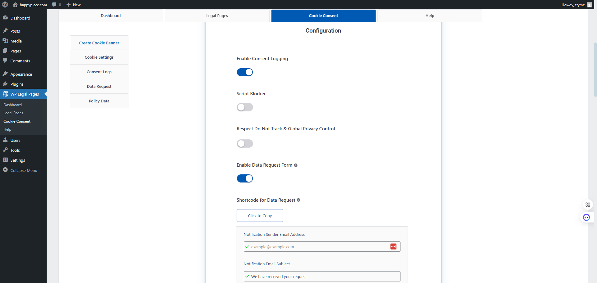 Cooki consent settings