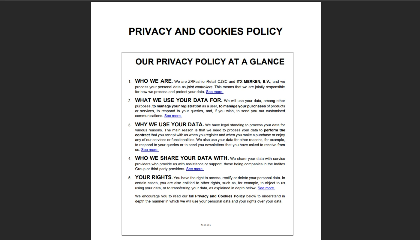Zara privacy policy