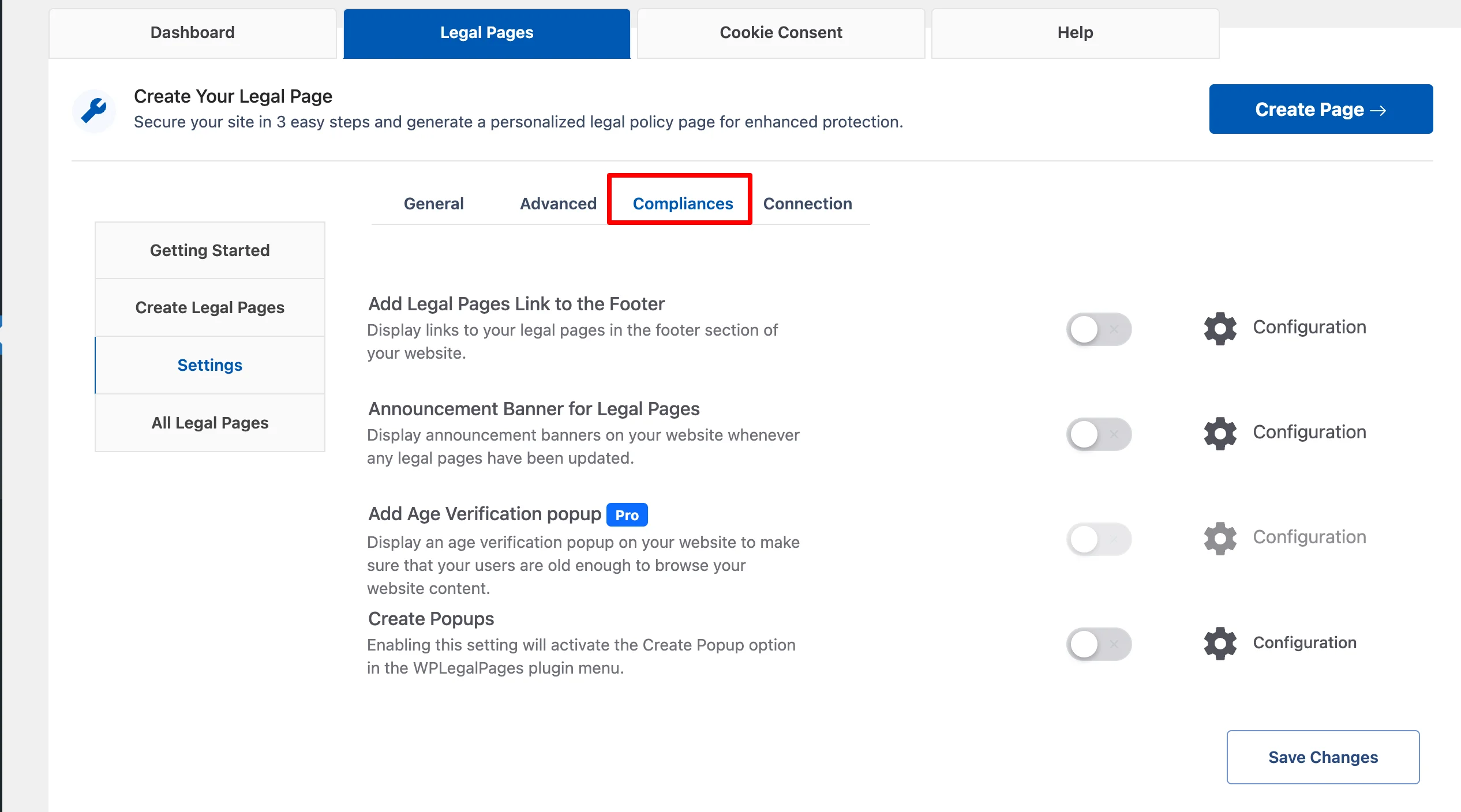 Compliance Options to display legal polices