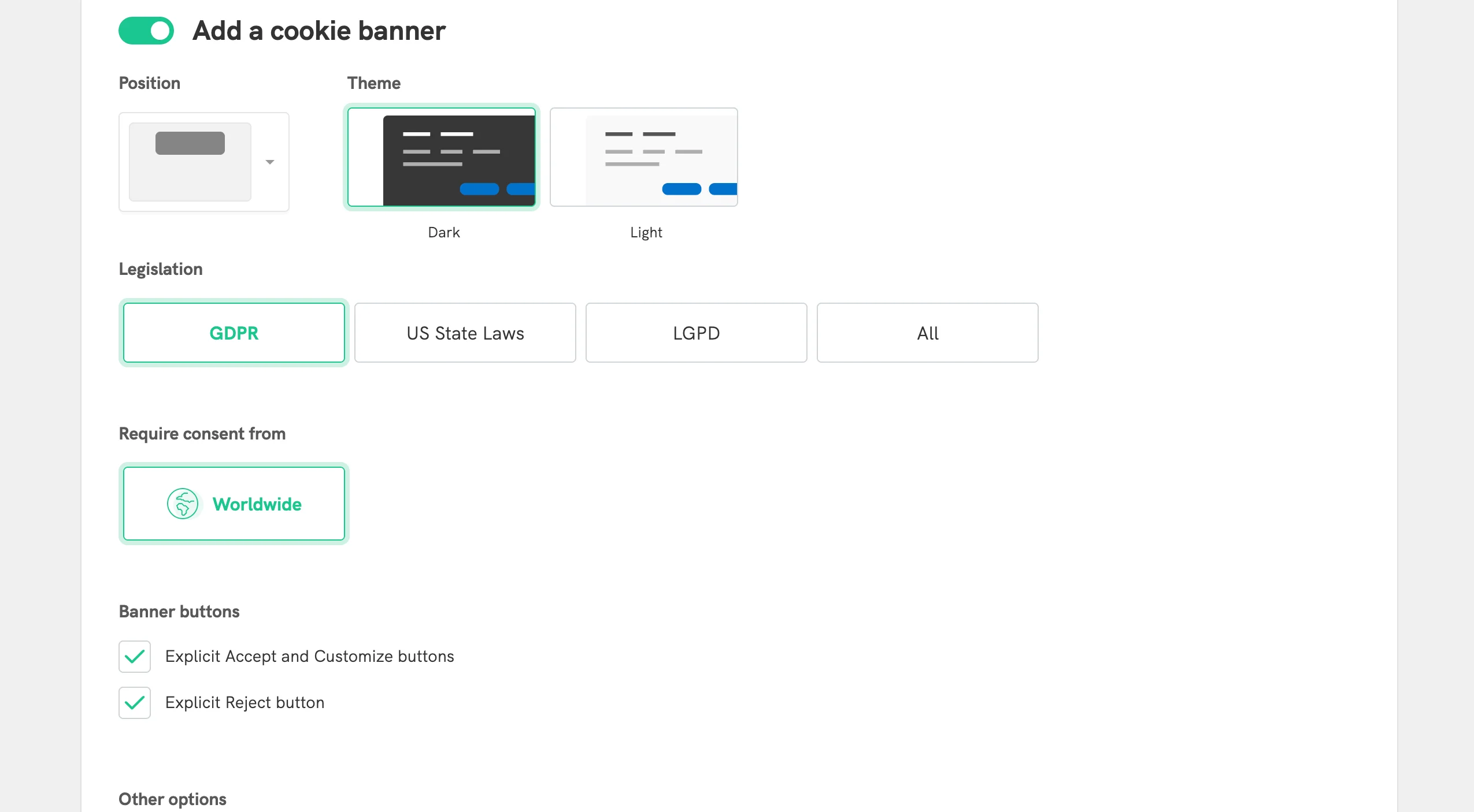 Customisation option for Cookie banner.