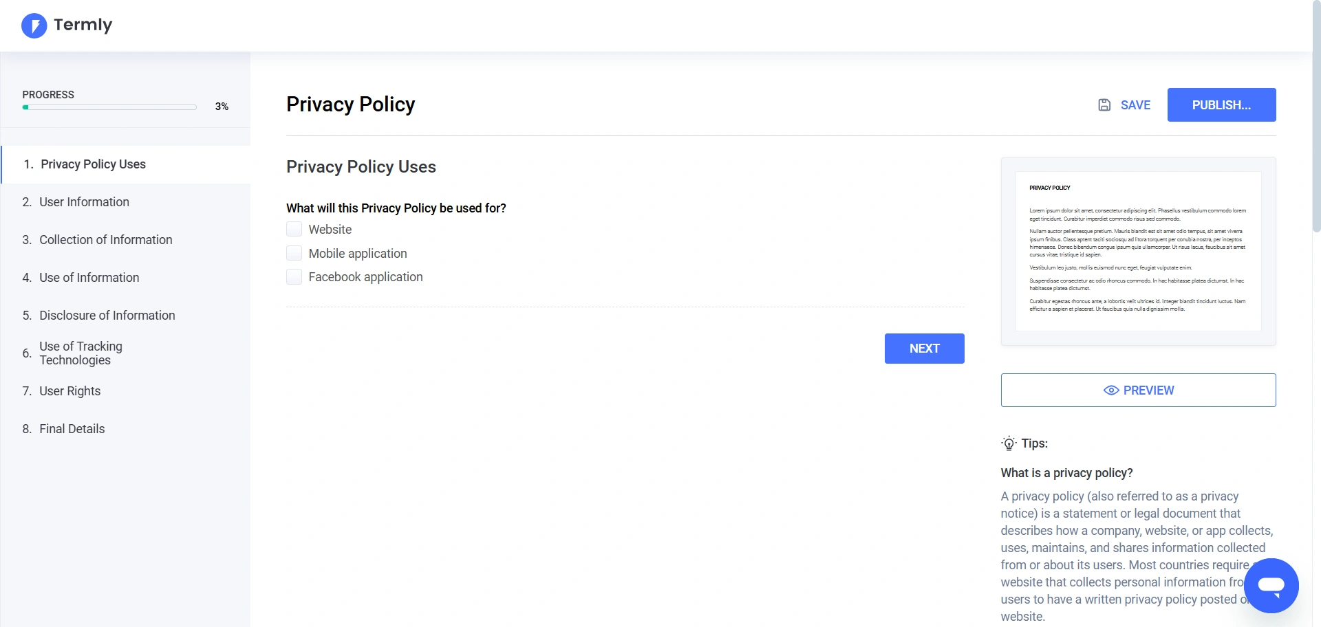 termly steps for privacy creation