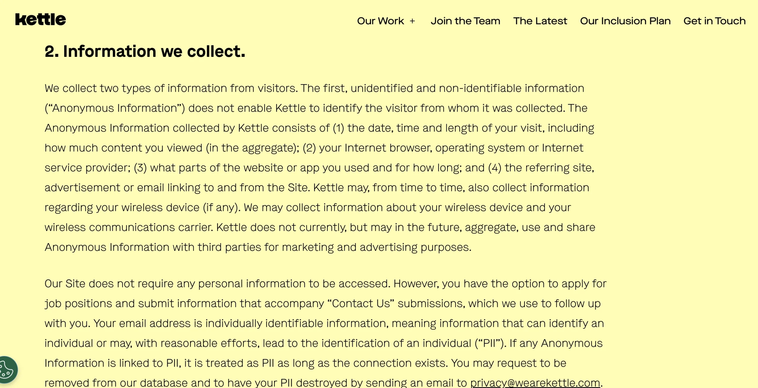 kettle privacy policy information collect clause