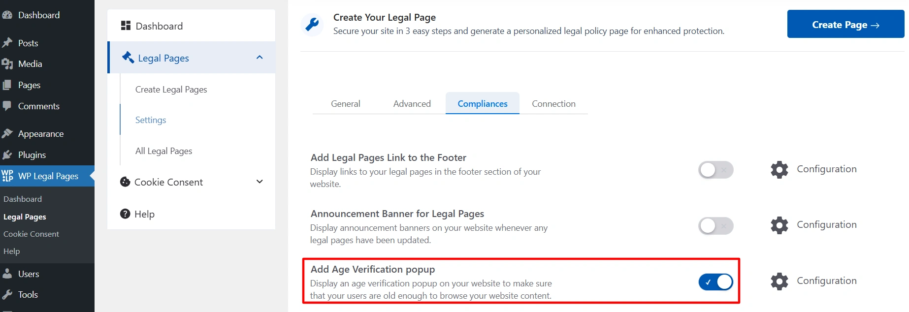 Age verification popup toggle on