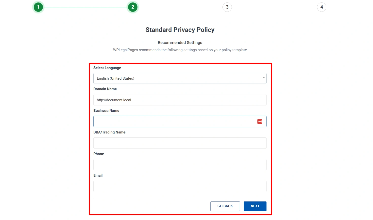 Business details for privacy policy page