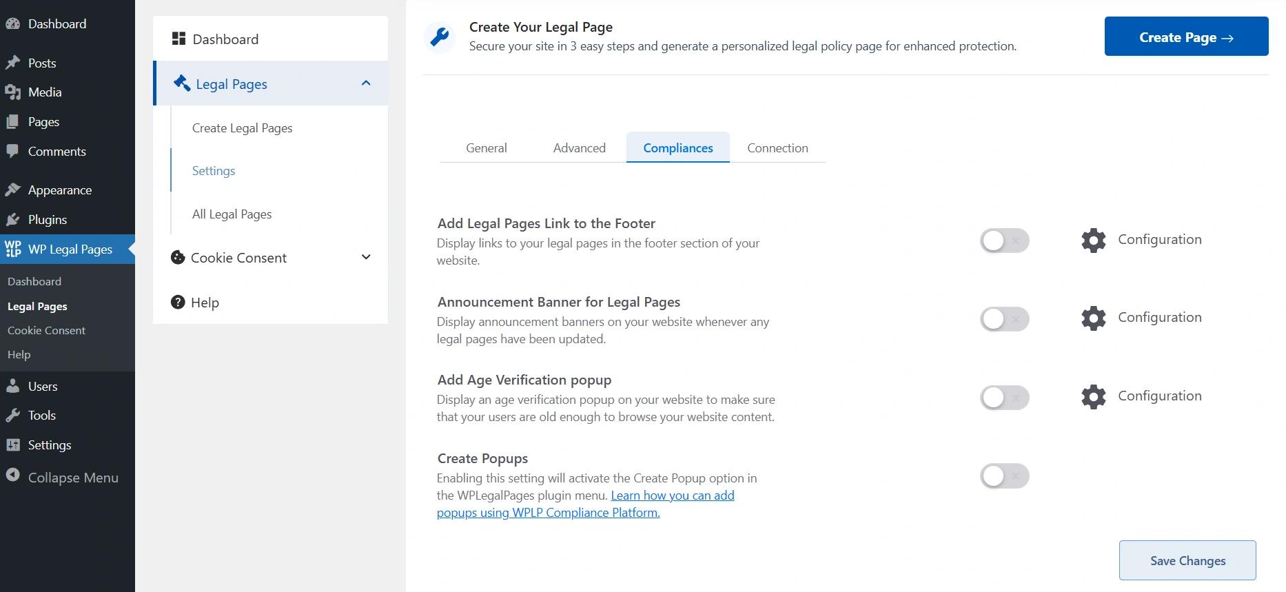 Legal page settings for creating age verification pop-up