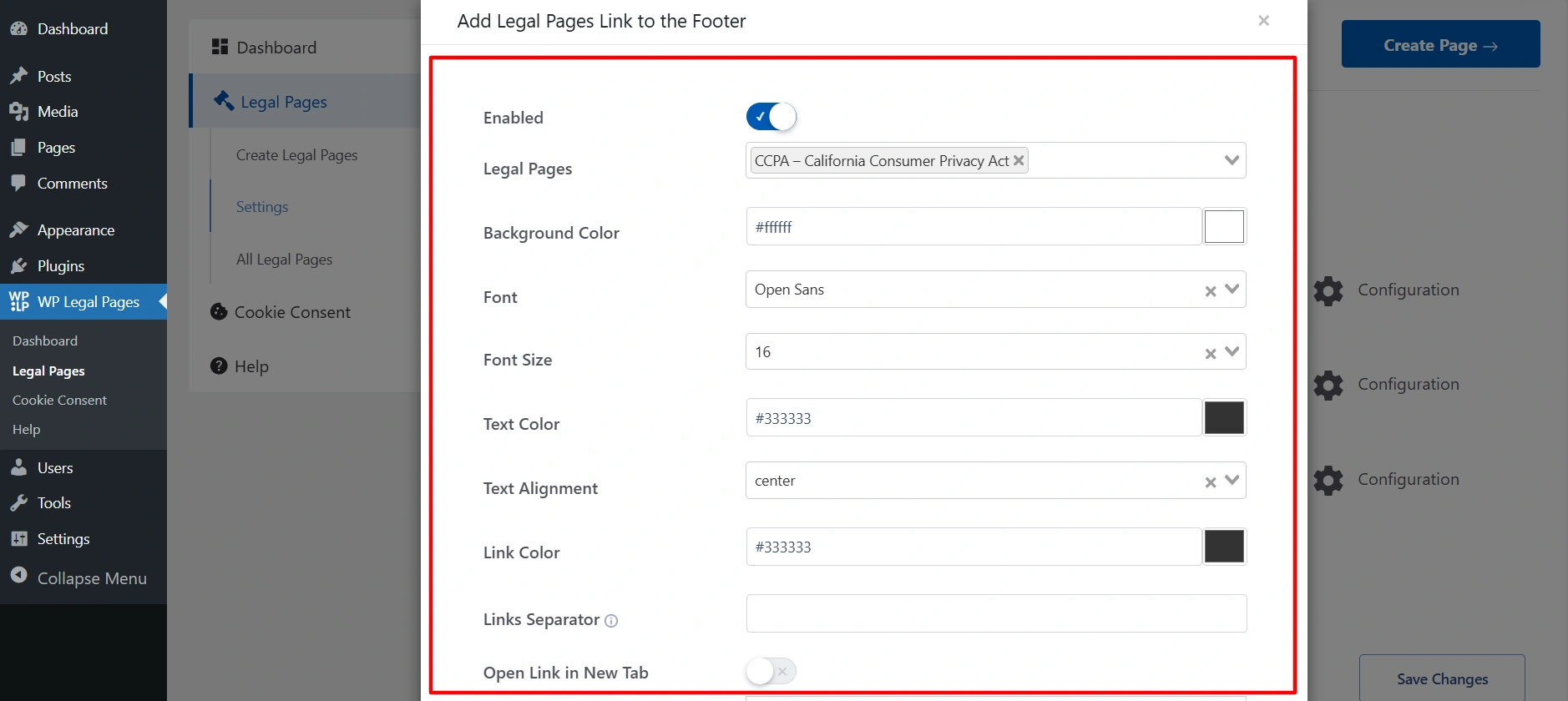 Legal page footer settings