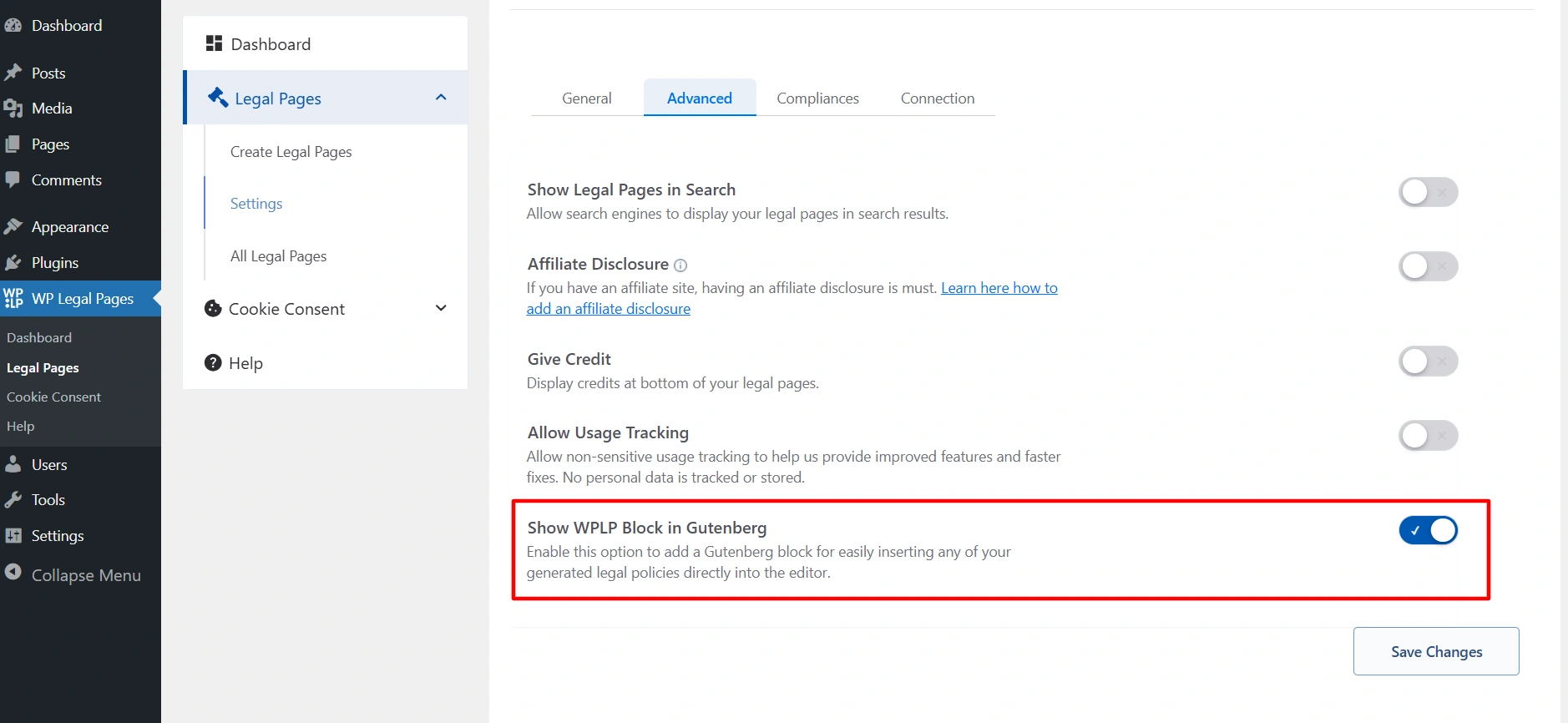 WPLP gutenberg toggle on