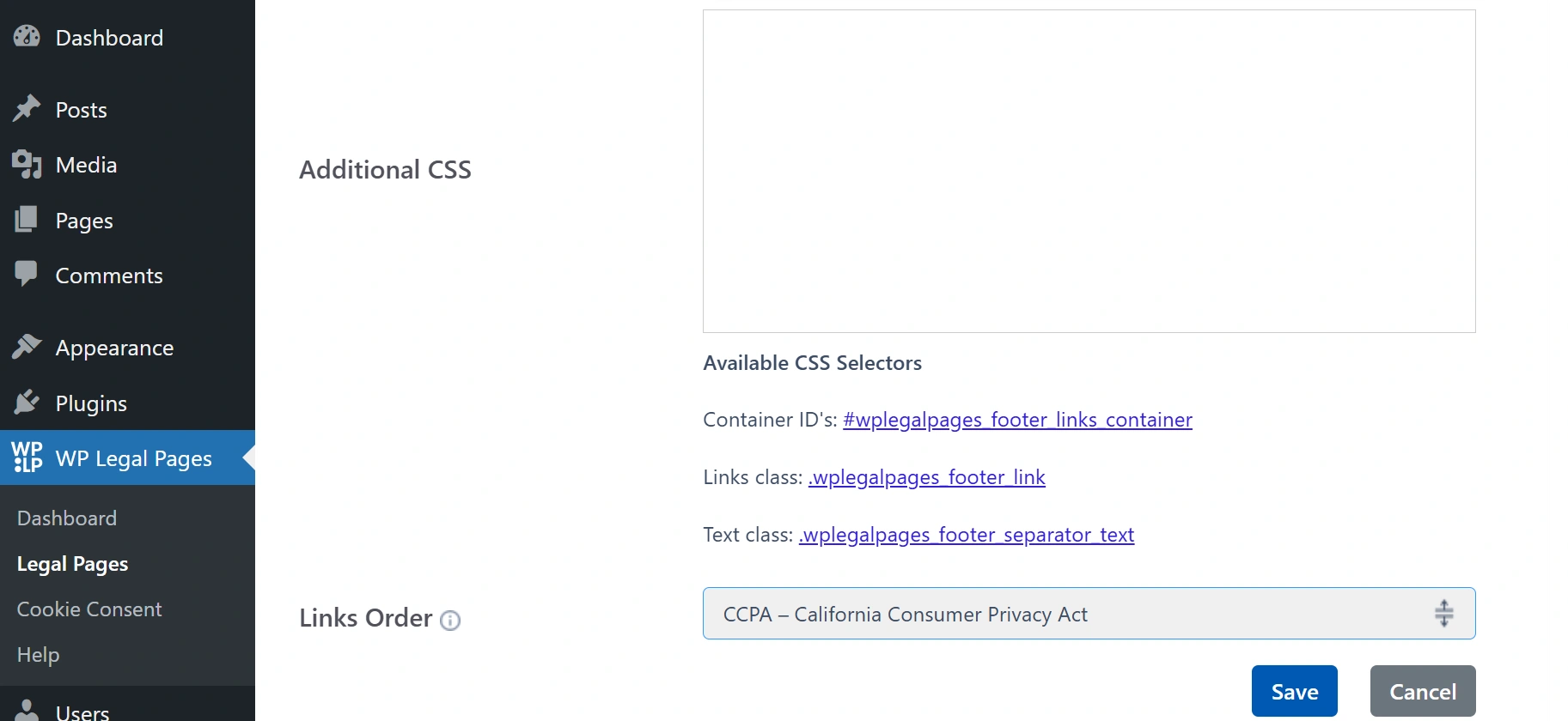 What are legal pages footer settings