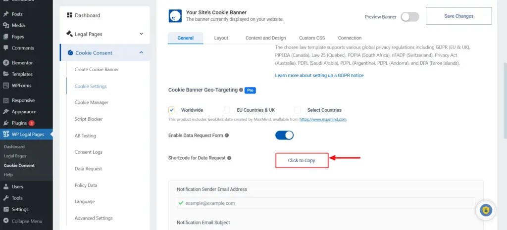 Copying the short code for data request form