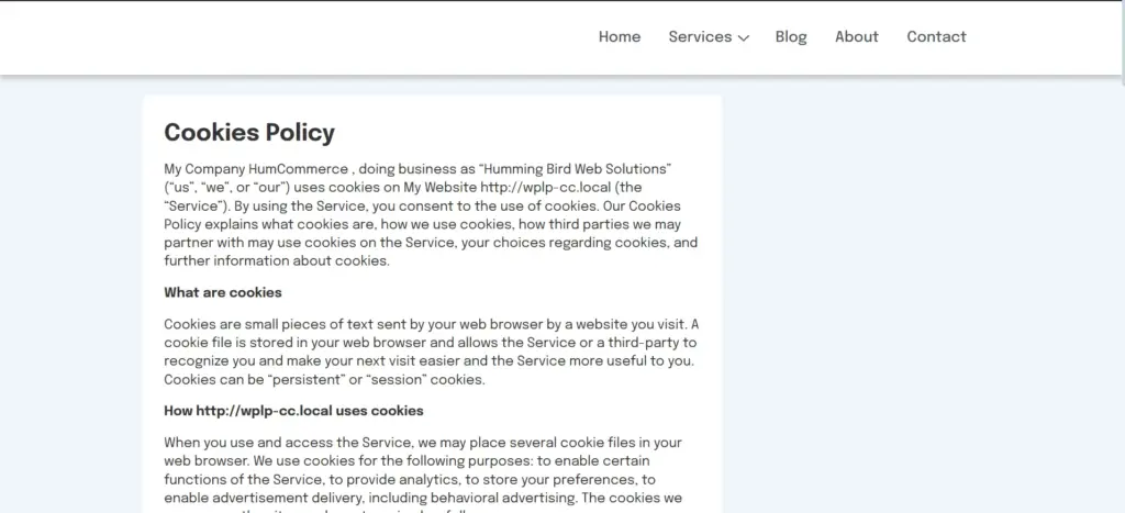 Example of cookie policy page