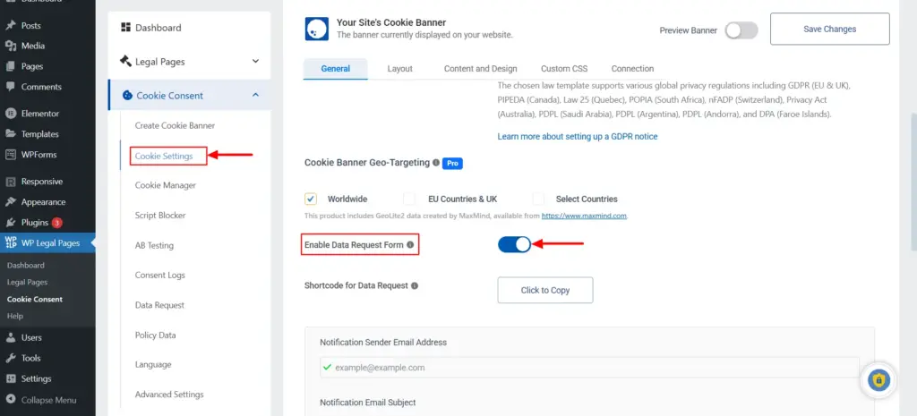 Toggling on the data request form in cookie settings