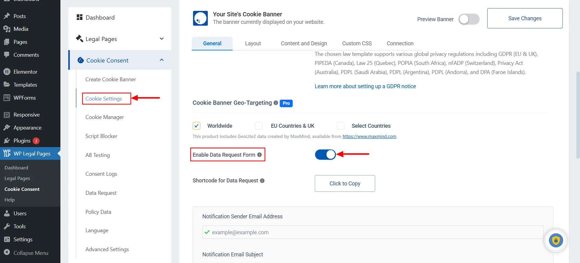 Toggling on the data request form in cookie settings