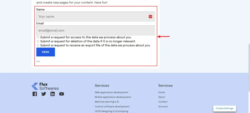 Data request form on the front end