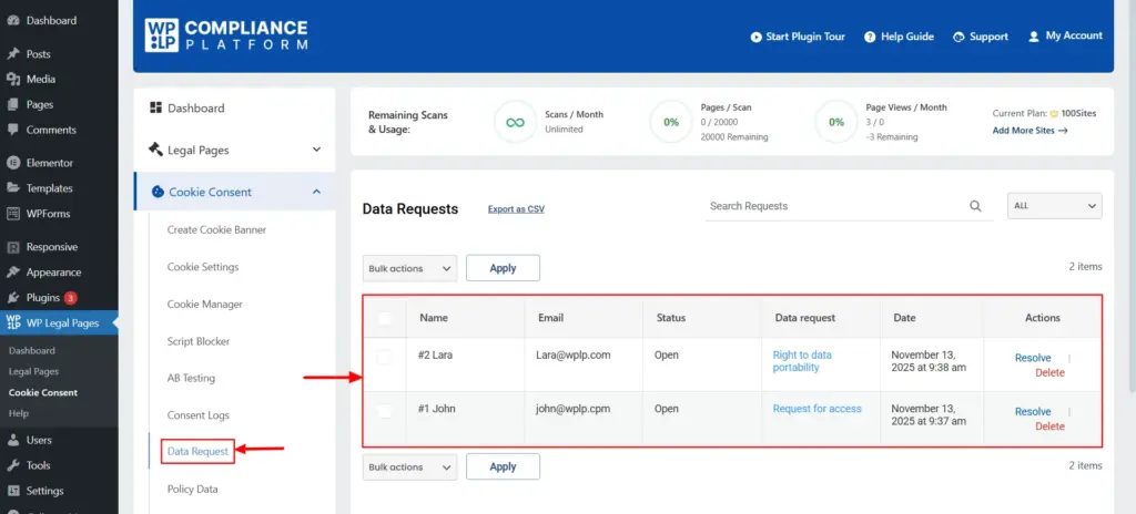Data Request table