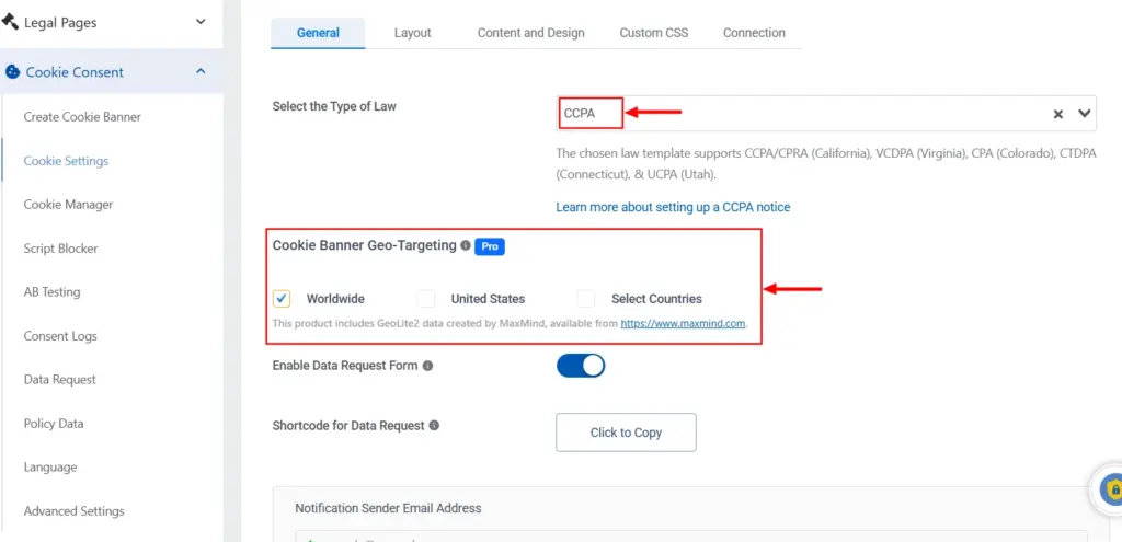 Selecting CCPA as the law type