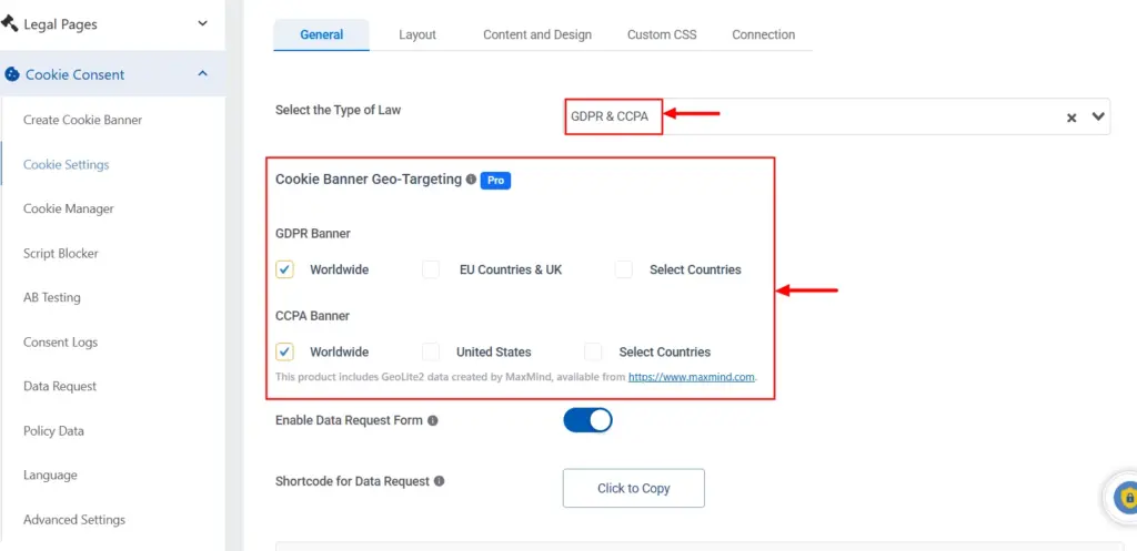 Selecting GDPR & CCPA as the law type