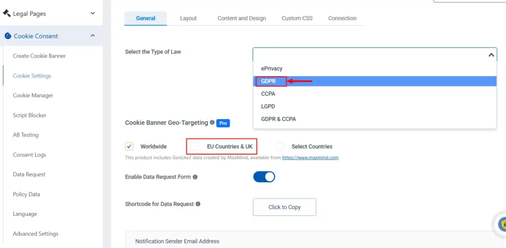 Selecting GDPR as the law type