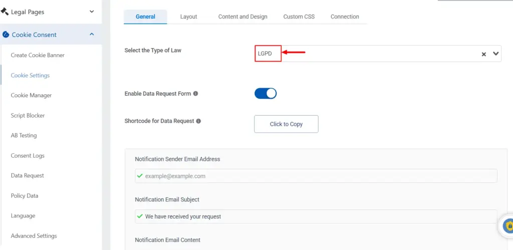 Selecting LGPD as the law type