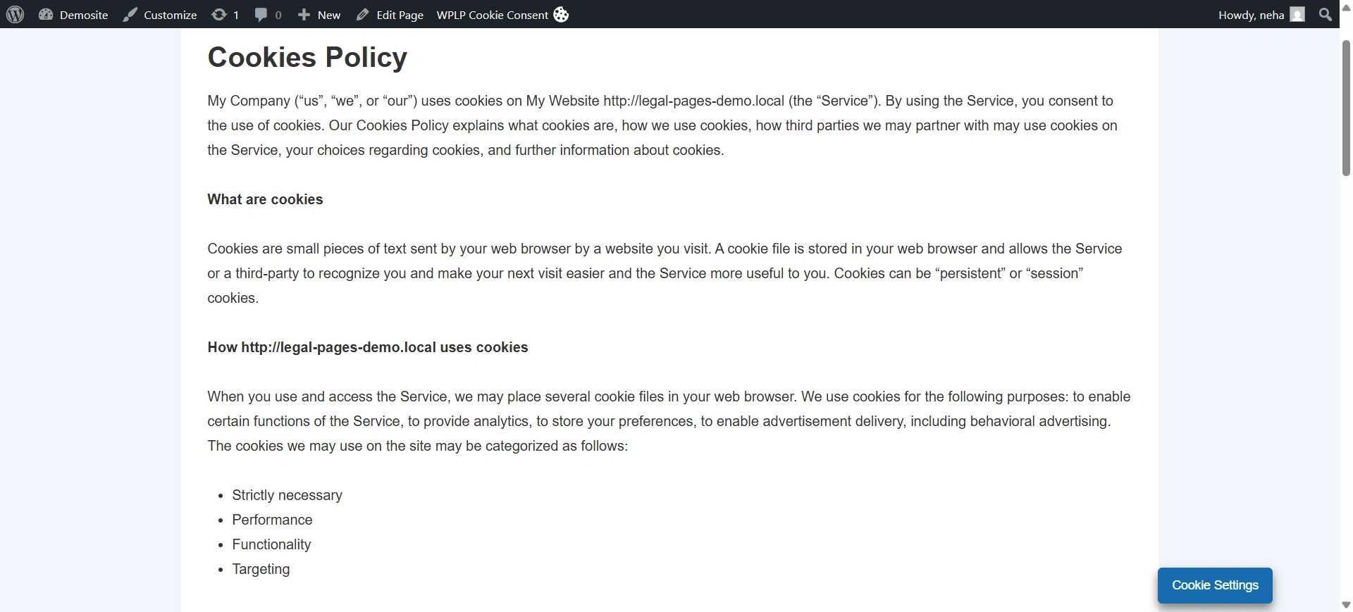 Example of Cookies Policy for a website