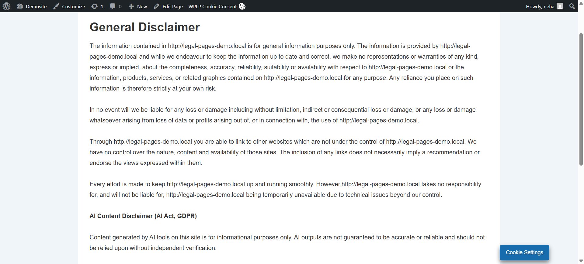 Example of General Disclaimer for a website

