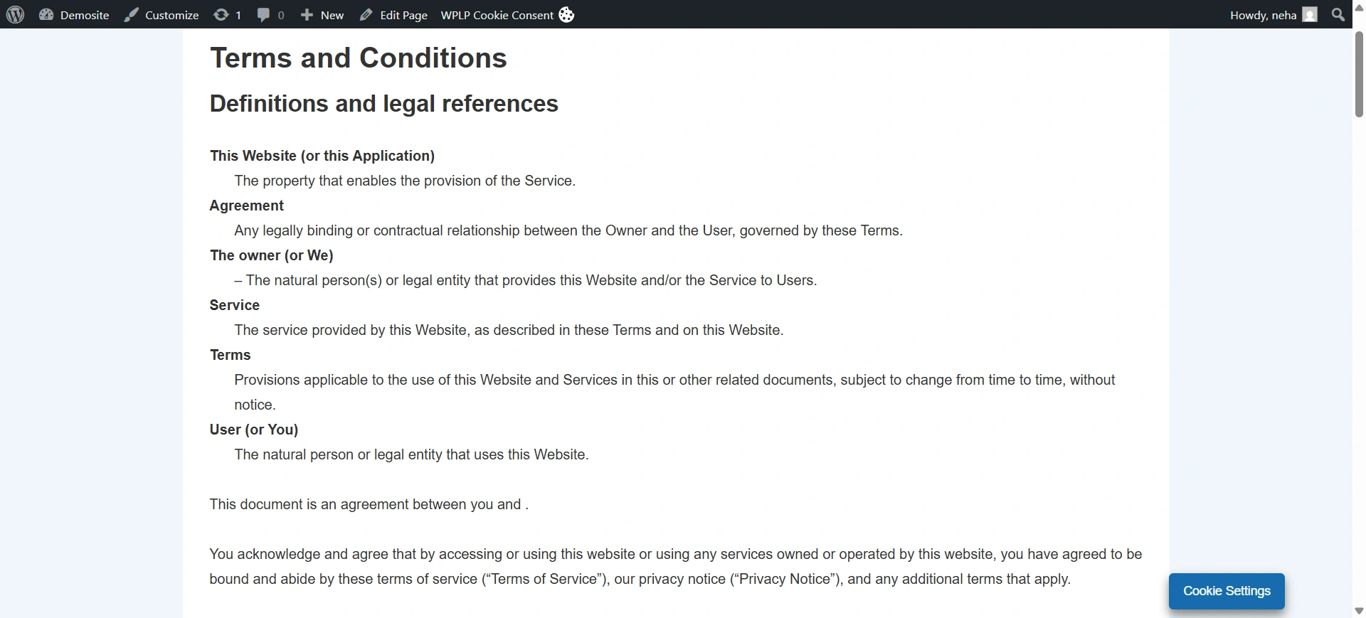 Example of Terms and Conditions for a website
