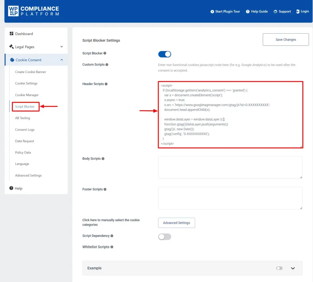 WPLP Compliance Platform script blocker feature