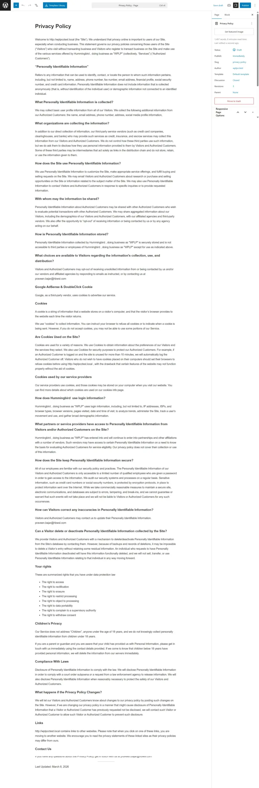 Privacy Policy page generated using the WPLP Legal Pages